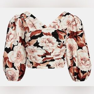NWT Express Floral Print Linen-Blend Ruched Cropped Top size Large